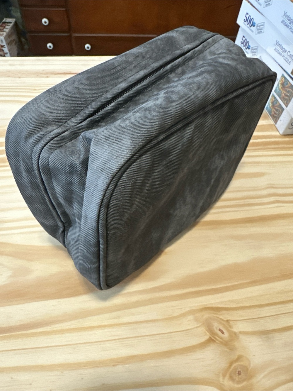 Women's Gray Canvas Double-Compartment Makeup Bag